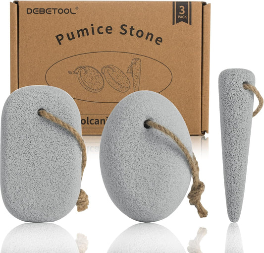 Pumice Stone for Feet Dead Skin Removal - 3-Pack Natural Volcanic Pumice Stone Set (Round, Oval, Cone) with Hanging Rope & Travel Box | Hard Skin & Callus Remover for Heels, Toes,