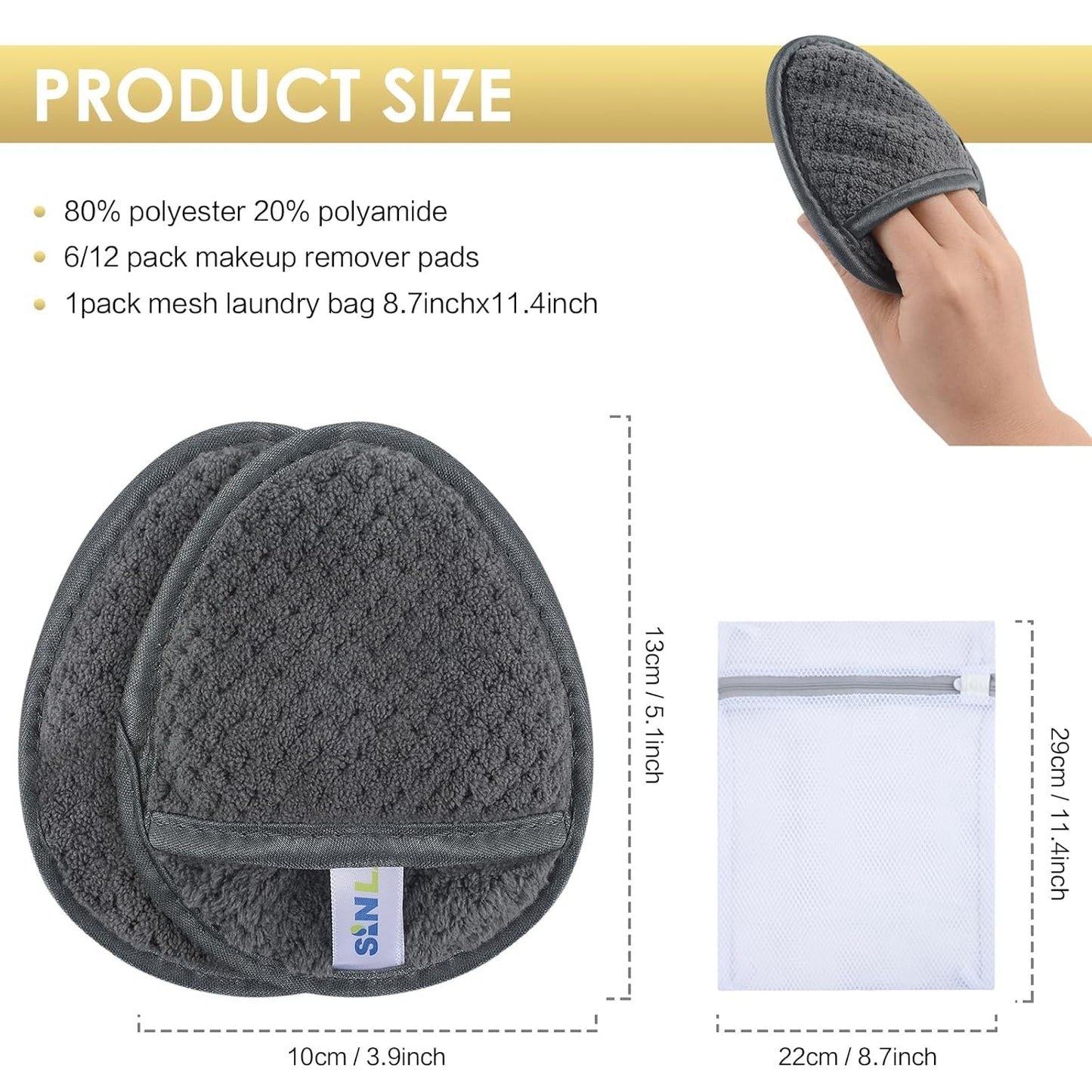 SINLAND Reusable Makeup Remover Pads For Face,Eye,Lips Microfiber Gentle Facial Cleansing Cloths for All Skin Types Friendly for Makeup Remover With Laundry Bag 5.1inchx3.93inch Gray Pack of 12