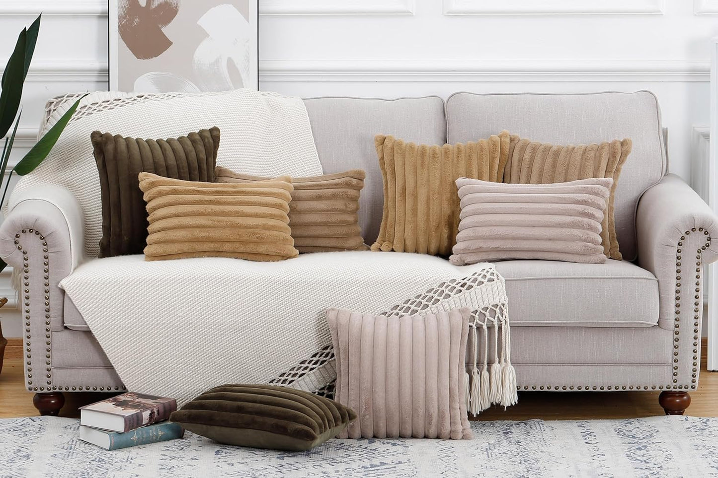 MADIZZ Set of 2 Faux Wool Plush Decorative Throw Pillow Covers 18x18 Inch Drak Brown Fluffy Striped Soft Decorative Cushion Cover for Sofa Bedroom Pillow Shell