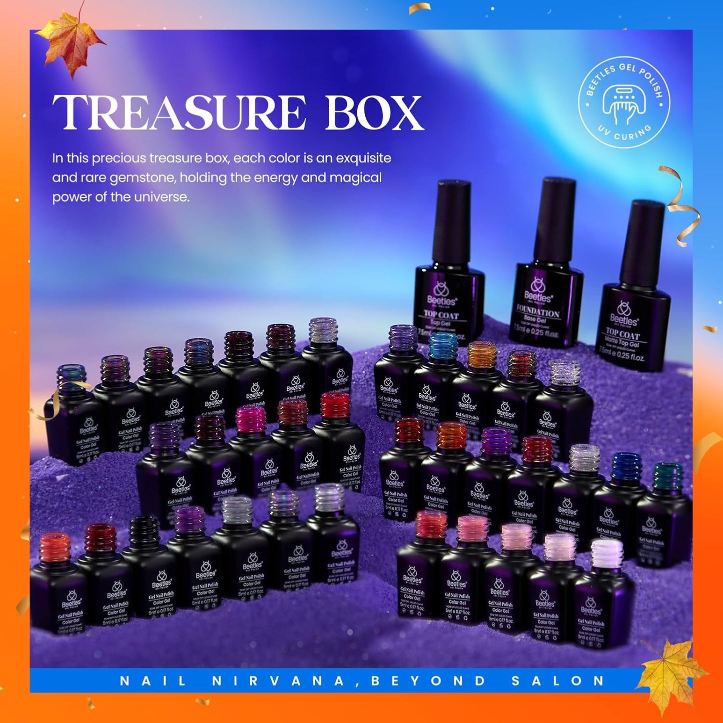 Beetles Cat Eye Gel Nail Polish 39 Pcs Jelly Nail Set Glitter Changing Nail Polish Kit Treasure Box Collection with 3Pcs Base Matte and Glossy Top Soak Off UV Halloween Nails