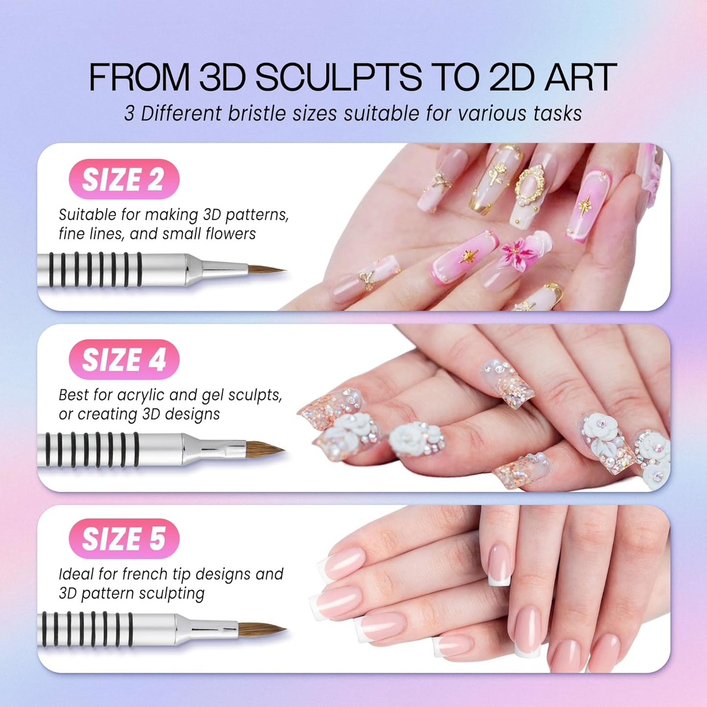 PANA 3D Kolinsky Acrylic Nail Art Sculpture Brush with Silver Metal Non-Slip Grip Handle for Manicures 3D Nail Art Flower Designs (Size #2)