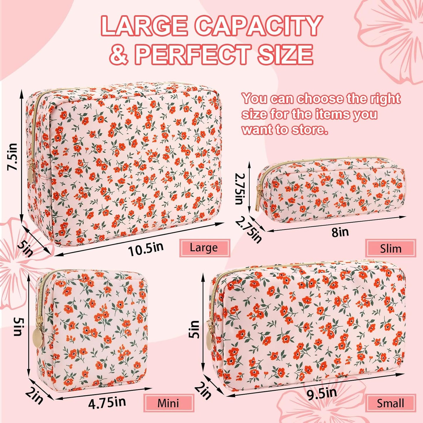Waterproof Mini Floral Makeup Bag Pouch for Purse,Nylon Flower Cosmetic Travel Bag Small Preppy Toiletry Organizers Bag for Women Girl,Cute Zipper Pouch Coin Purse for Work(Mini Pink-Flowers)