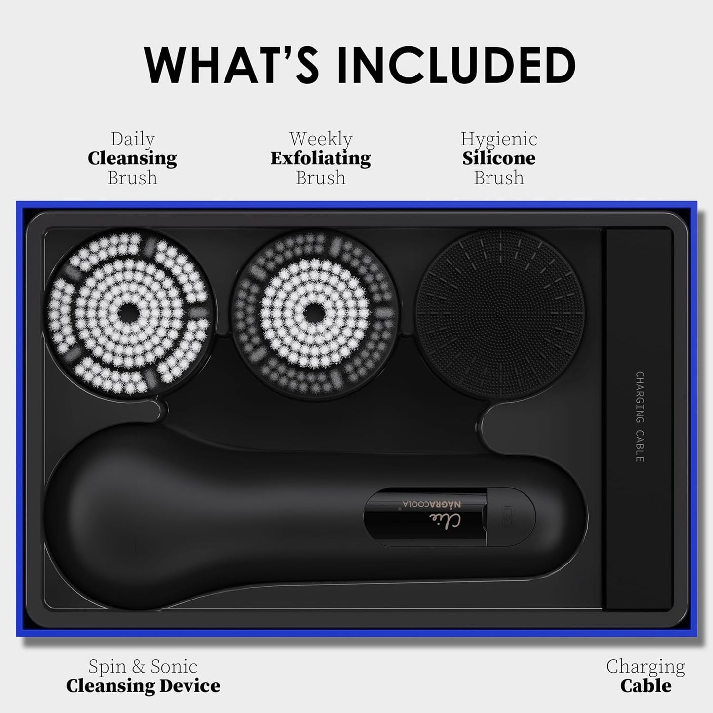 Premium Face Scrubber, Deep Pore Cleansing Brush, Waterproof & Rechargeable Face Scrub Brush for Men& Women, Electric Facial Exfoliator with 3 brushes, 3 Intensities, 2 Modes with Eye Rollor- Charcoal