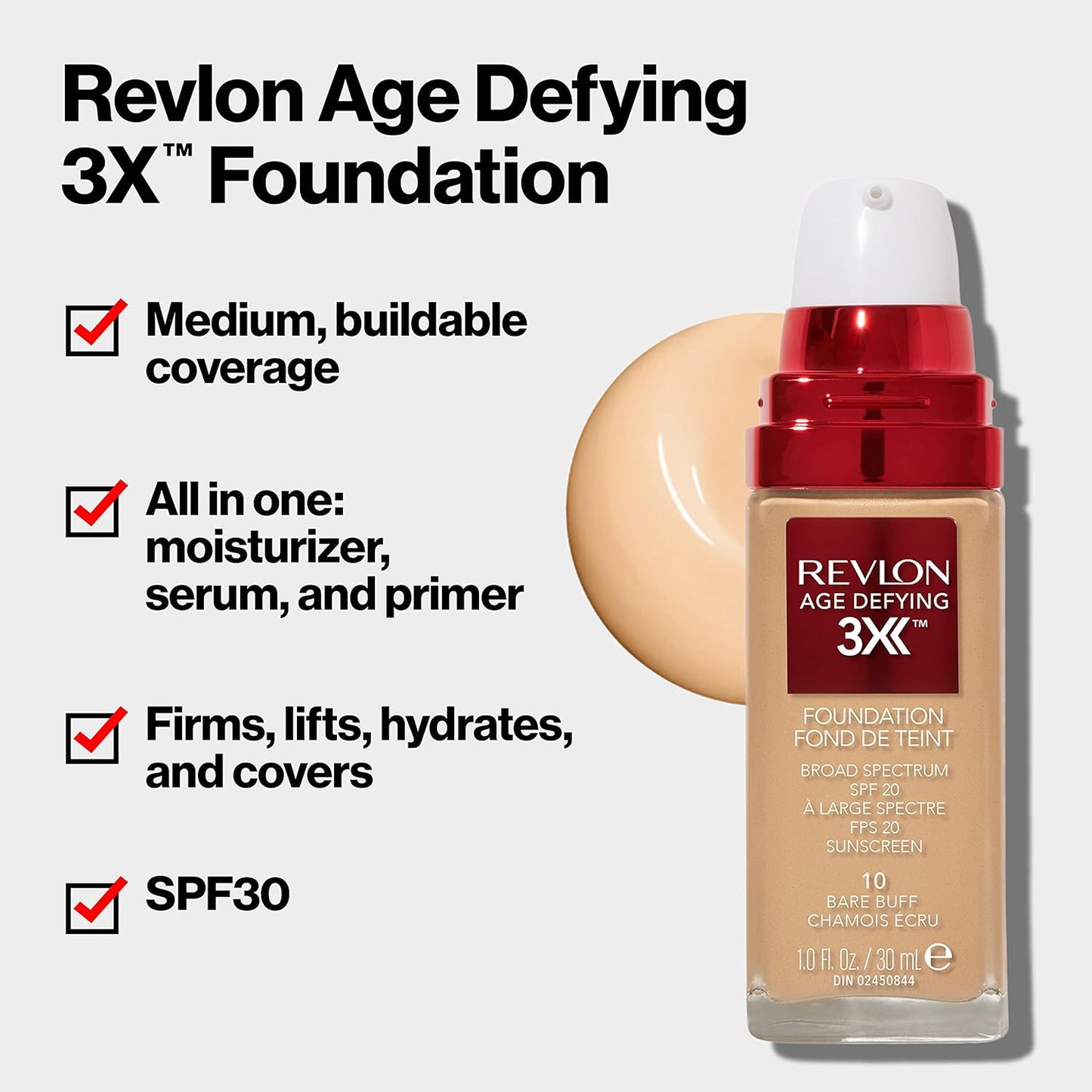 Revlon Age Defying 3X Makeup Foundation, Firming, Lifting and Anti-Aging Medium, Buildable Coverage with Natural Finish SPF 20, 060 Golden Beige, 1 fl oz