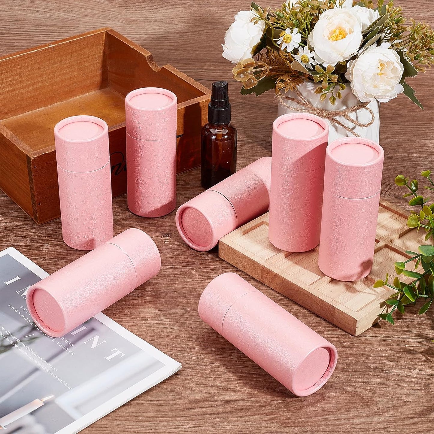 NICENEEDED 10 Pcs 30ml Empty Kraft Paper Jar Tube, Pink Round Paper Cardboard Containers With Lid, Essential Oil Bottle Packaging Case Gift Paper Tube for Pencils Tea Caddy Coffee Cosmetic Crafts