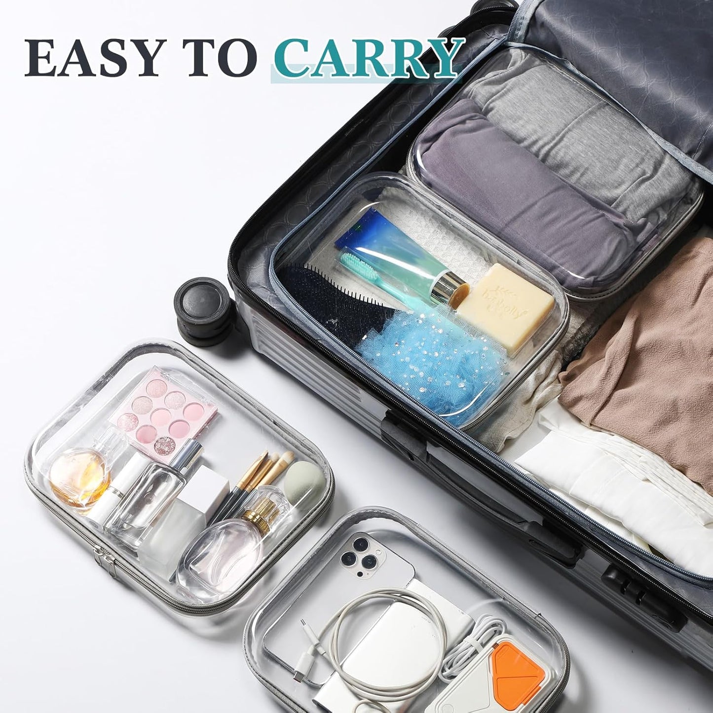 Sanwuta 6 Pcs Clear Hard Zipper Case Pencil Pouches Hard Plastic Zipper Pouches Makeup Bag Transparent Cases for Snacks Plastic Storage Organizer Box for Travel(Gray,9.84 x 7.87 x 2 Inch)