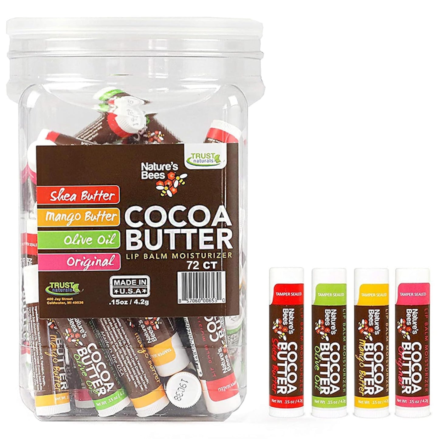 Nature's Bees, Cocoa Butter Lip Balms, Lip Moisturizer Treatment - Pack of 72, (Original Variety Assortments - Original, Olive Oil, Mango Butter, Shea Butter)