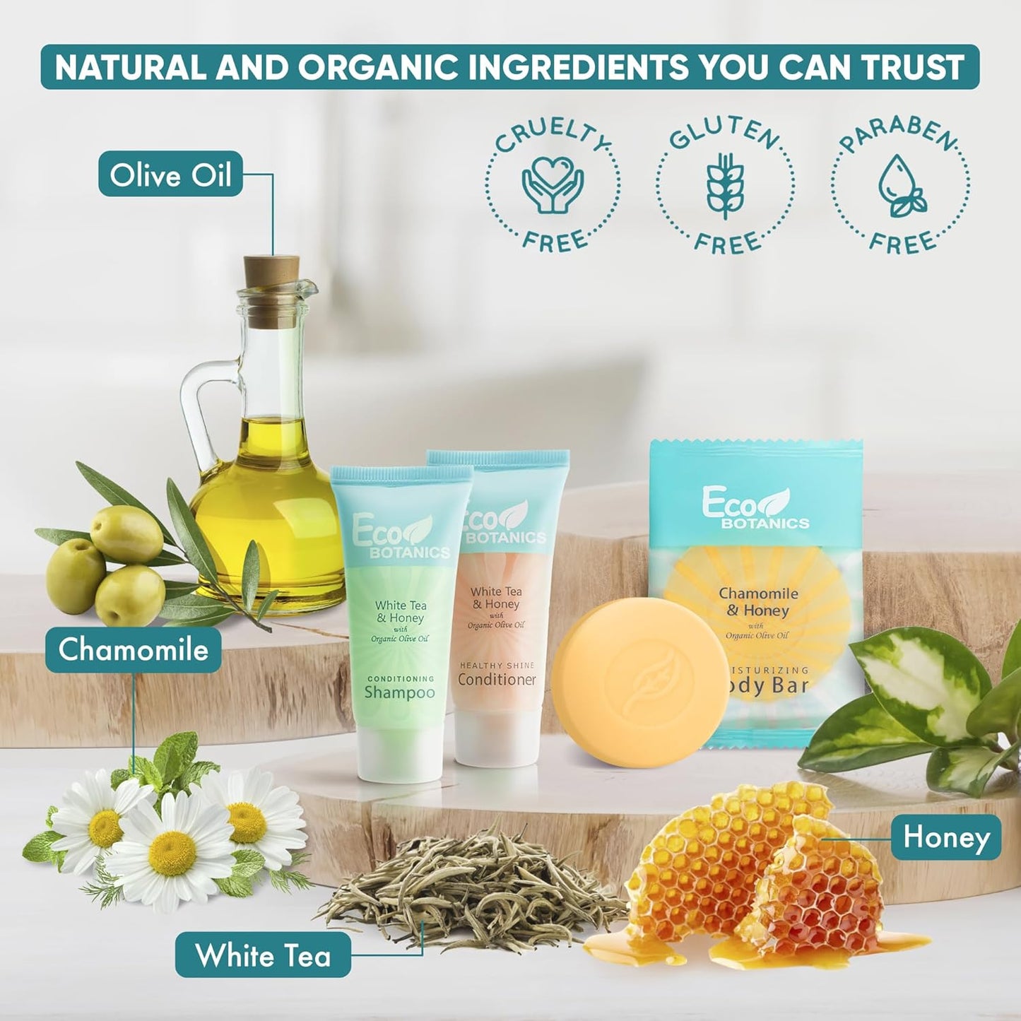 Eco Botanics Hotel Soaps and Toiletries Bulk Set | 1-Shoppe All-In-Kit Amenities for Hotels & Airbnb | 0.85 oz Hotel Shampoo & Conditioner, 0.89 oz Bar Soap Travel Size | 150 Pieces