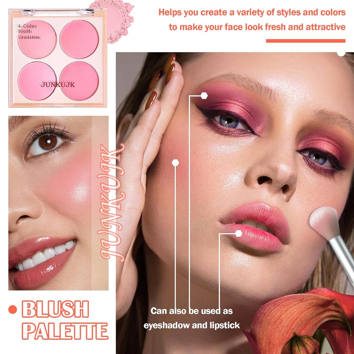 Blush Palette,Shimmer Silky Matte Blush Powder Palette,Professional Cute Face Contour Highlighter Blush Palette with Blush Makeup Brush 01