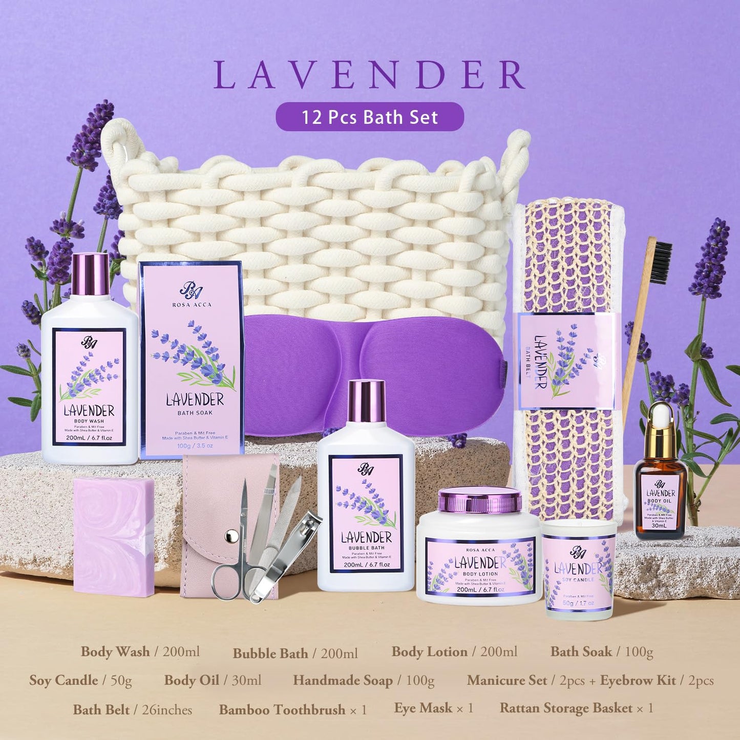 Bath and Body Gift For Women and Men - Lavender Home Spa Gift Set,Mug,Shower Gel,Bubble Bath,Lotion,Bath Bombs,Eye Mask,Manucure Set, Bath Belt, Body Oil,Bath Soak,Lip Balm,Soy Candle For Daily Use