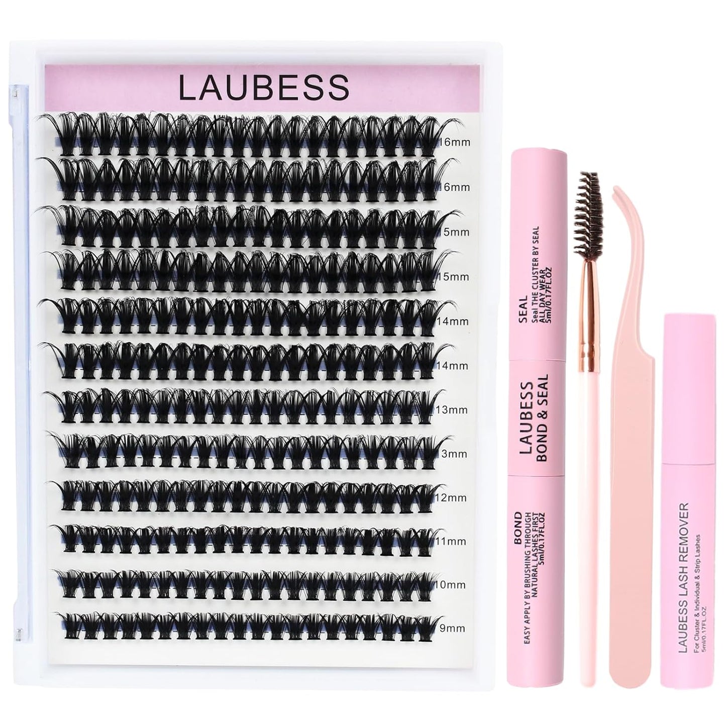 Lash Clusters Kit LAUBESS DIY Lash Extension Kit Lash Bond and Seal Waterproof Lash Glue Remover Tweezers Brush Cluster Eyelash Extensions Kit Eyelash Clusters (Kit 50D-C-Mix14-18)