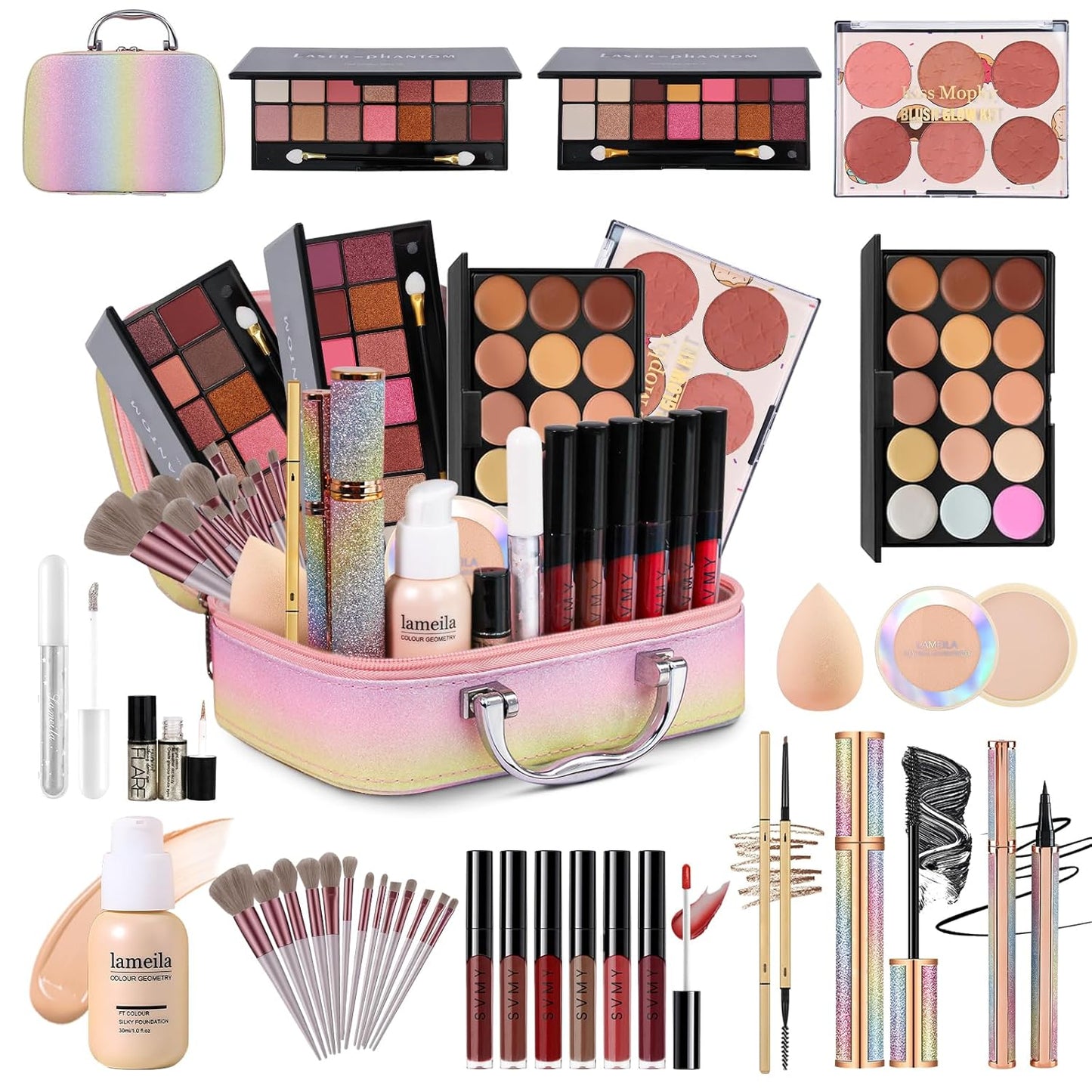 Makeup Kit for Women Full Kit, Travel Makeup Kit, Makeup Gift Set for Teens Girls Beginners Professionals, Makeup Bundle Include 2 Matte & Glitter Eyeshadow Palettes, Lip Gloss Set