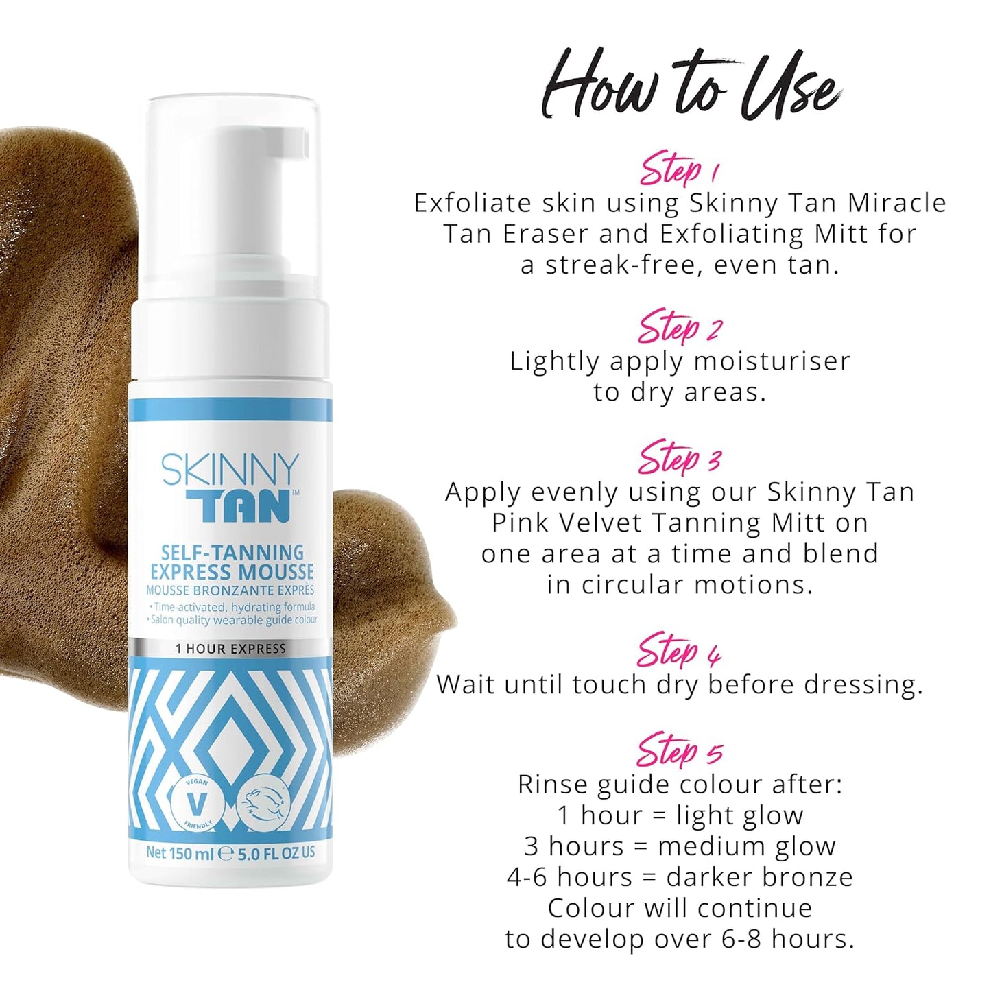 Skinny Tan Self-Tanning Express Mousse - Lightweight, Fast Drying and Long Lasting Formula - Achieve Your Desired Shade of Bronze - Delicious Coconut and Vanilla Scent - 1 Hour Express - 5 oz