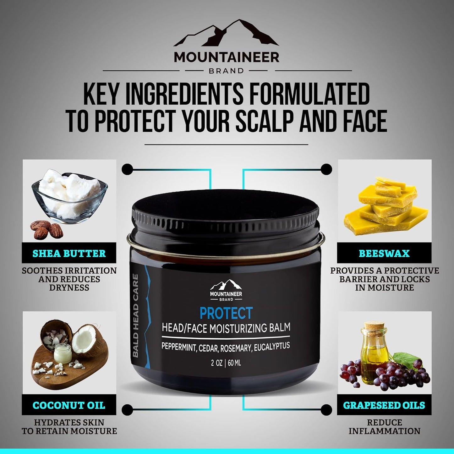 Mountaineer Brand All Natural Bald Head Moisturizer and After Shave Balm | Bald Head Care for Men | Non-Greasy Scalp and Face Lotion | Refreshing Natural Scent | Made in USA | Protect 2oz