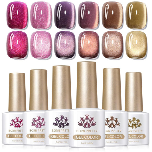 Born Pretty Cat Magnetic Eye Gel Nail Polish, Fall Winter Jelly Glass Magnetic Gel Polish, Purple Brown Pink Nude Glitter Soak Off Nail Art Salon Manicure Home Gift 7ml 6pcs