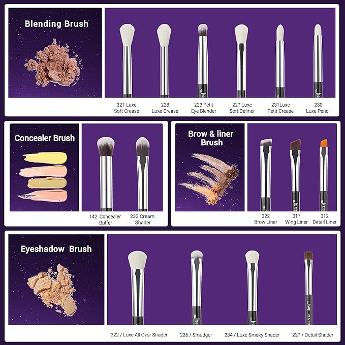 Jessup Eye Makeup Brushes Set Professional 15pcs with Eyeshadow Blending Concealer Eyebrow Eyliner Brush (Pearl Black/Silver)