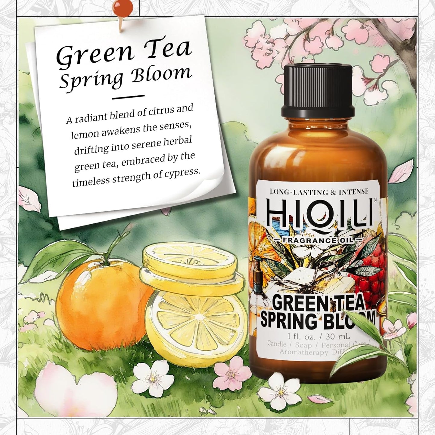 HIQILI Green Tea Spring Bloom Fragrance Oil for Diffuser, Inspired by Eliz.Ar-den Grn Tea, DIY Perfume, Candle, Soap Making, Long Lasting Uplifting & Crisp Scents - 1 Fl Oz