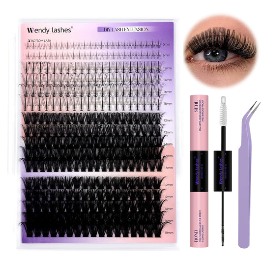 Lash Clusters Kit With Bottom Lashes 60/80/100/200D DIY Lash Extension Kit 12-18mm Multi-types Individual Lashes Bond and Seal, Spike, Volume Lashes Kit Lash Applicator(60/80 Kit)