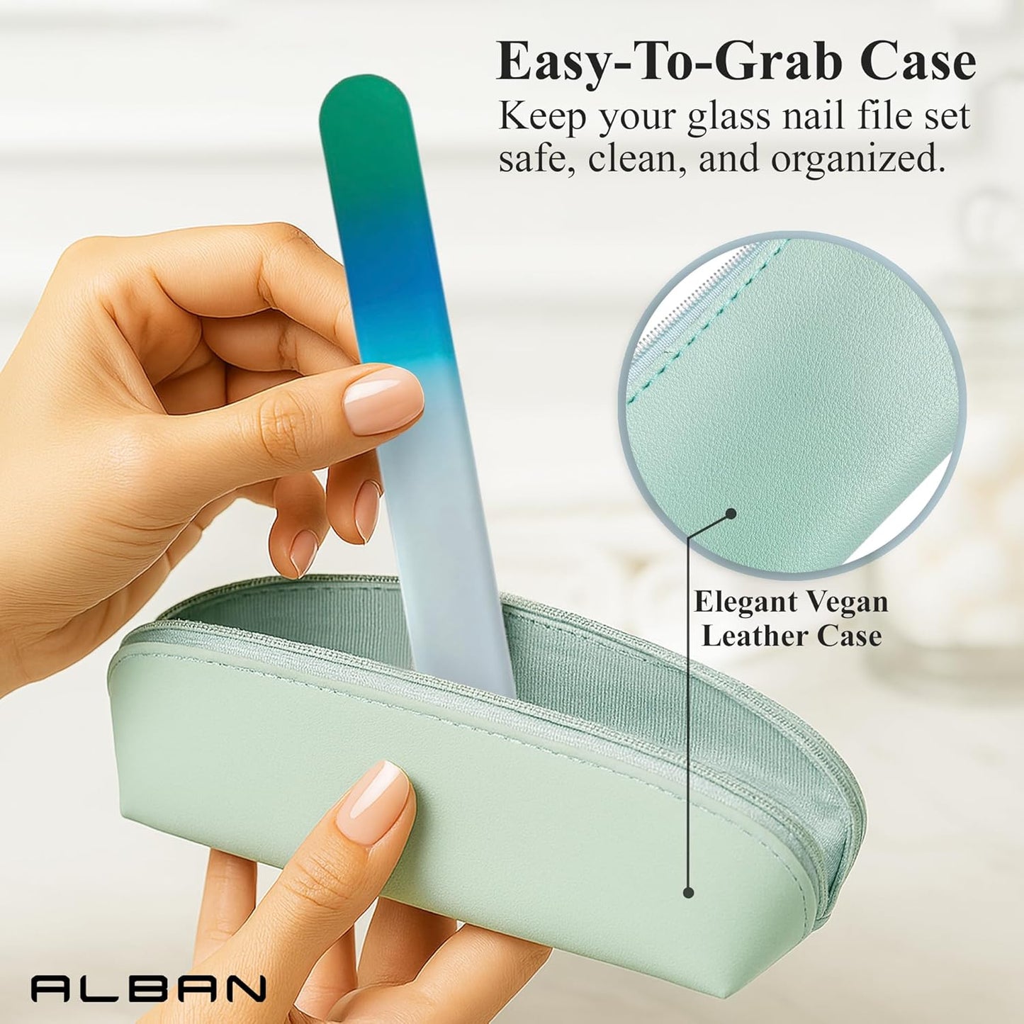 Alban Czech Glass Nail File Set with Manicure Stick & Vegan Leather Cosmetic Case (Green-Blue Nail Files, Light Blue Manicure Stick & Cosmetic Case)