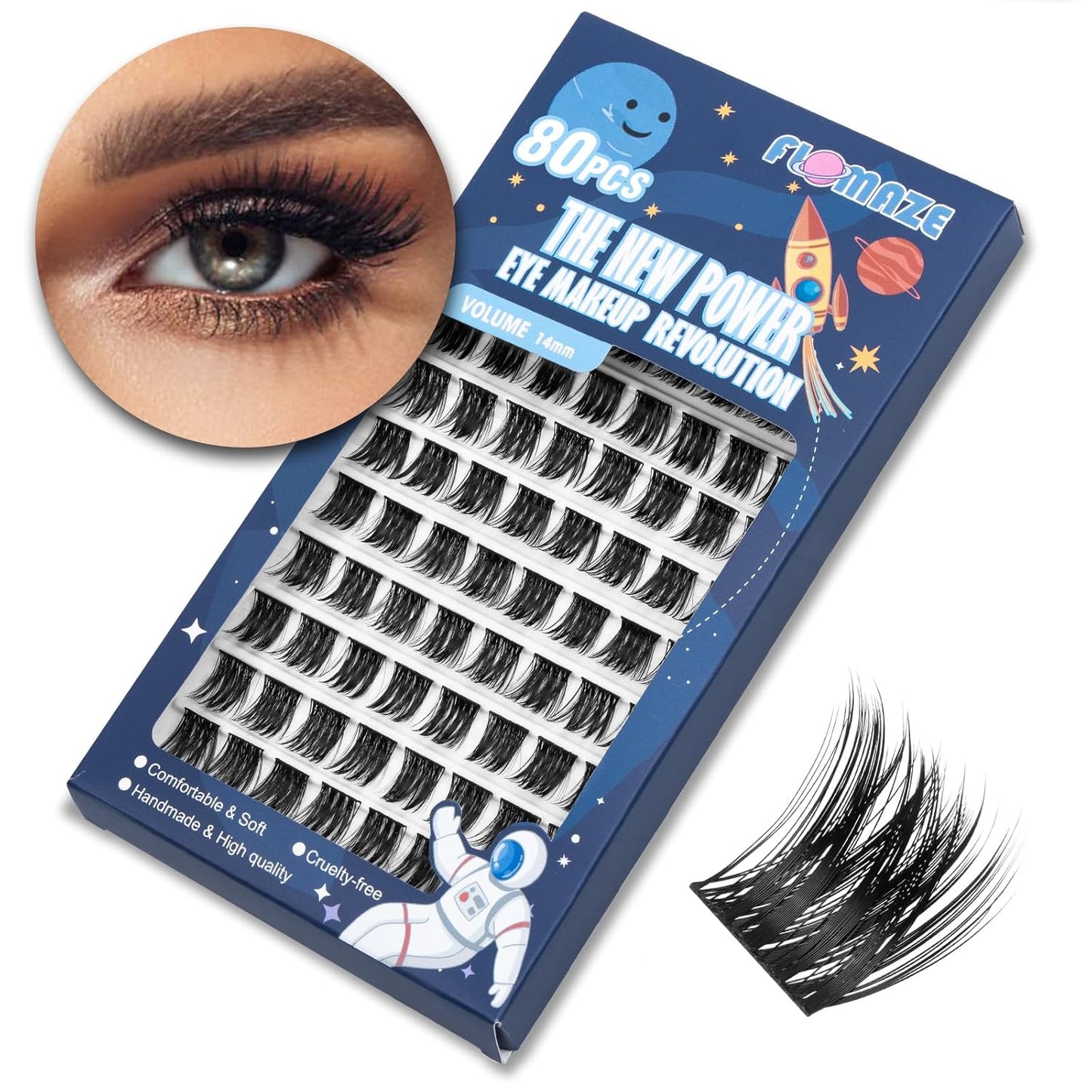 Lash Clusters 80 Clusters DIY Eyelash Extension Volume Lightweight Comfortable Handmade Reusable Individual Lashes False Eyelashes DIY at Home (Volume-14mm)