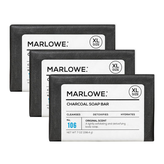 MARLOWE. No. 106 Charcoal Soap 7 oz (3 Bars) Body Bar Soap for Men, Cleansing, Purifying & Hydrating with Natural Extracts, Shea Butter, Olive Oil & Green Tea Extracts, Fresh Woodsy Scent