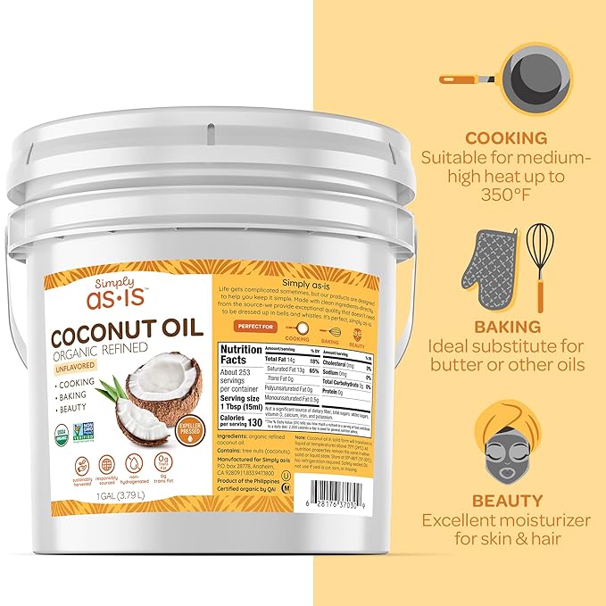 Simply as-is | Organic Refined Coconut Oil for Cooking, Baking | Neutral Flavor & Aroma | Expeller-Pressed | 128 fl oz