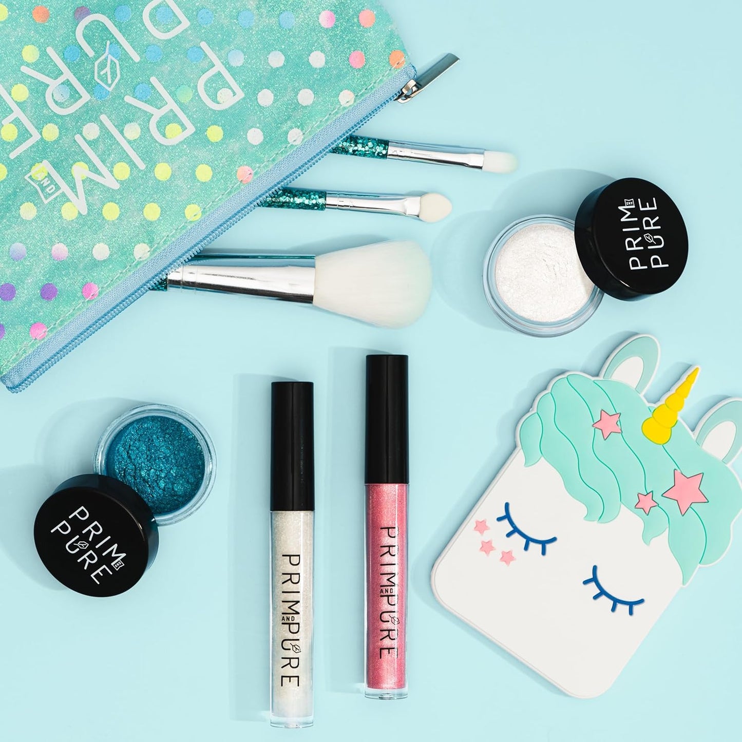 Prim and Pure Mineral Gift Set with Unicorn Mirror| Perfect for Play Dates & Birthday Parties | Kids Eyeshadow Makeup – Mineral Blush | Organic & Natural Makeup Kit for Kids| Made in USA (Blue)