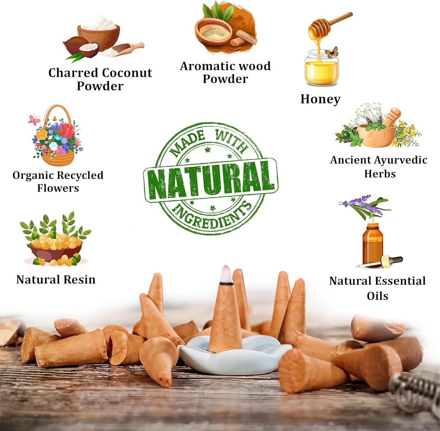 Raajsee Natural Incense Cones,6 Pack Mixed Scents Gift Pack 15 pc Each (90 Total), Insense Cones Variety Pack, 100% Organic Non Toxic Natural - Hand Rolled Free from Chemicals (Pack 3)