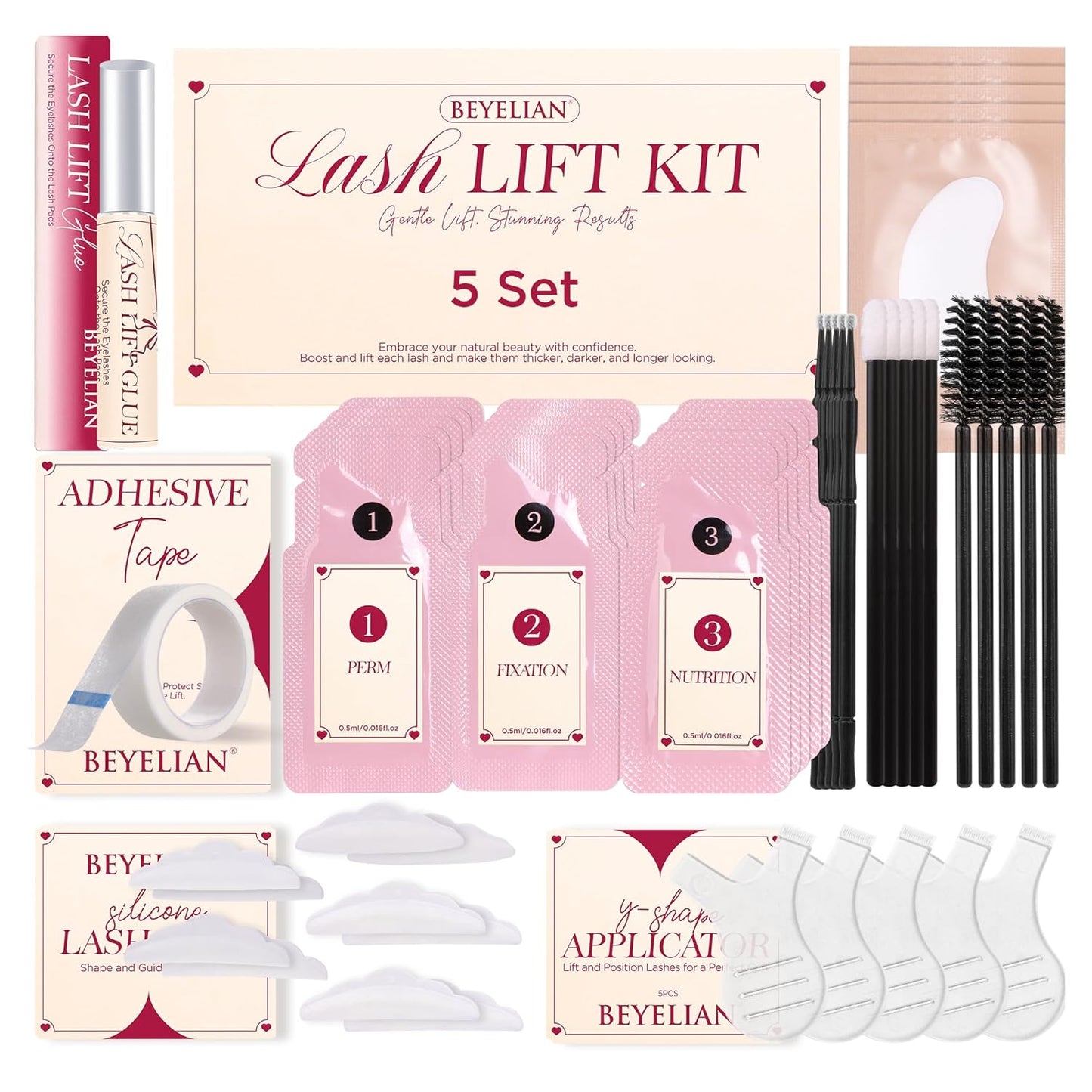 BEYELIAN Lash Lift Kit, Eyelash Perm Kit, 5 Sets Professional Lash Curling Perm Kit Long Lasting Lifting Kit Home Achieve Semi-Permanent Curling Lash Lifting Kit