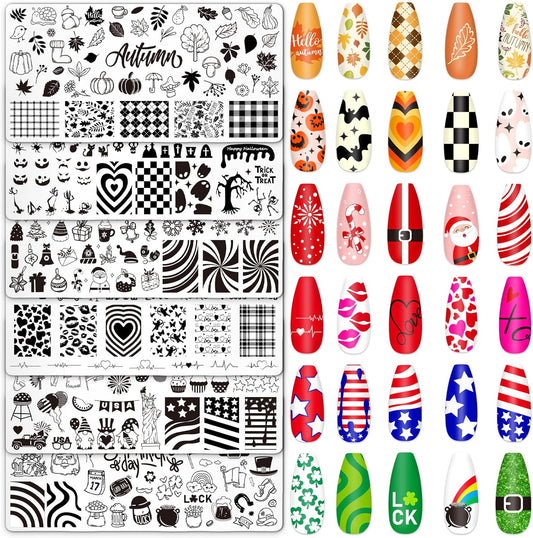 Whaline 6Pcs All Holiday Nail Art Plates Valentines StampTemplates Set Winter Christmas Fall Nail Plates Stamping for Xmas DIY Print Manicure Salon Design Gift