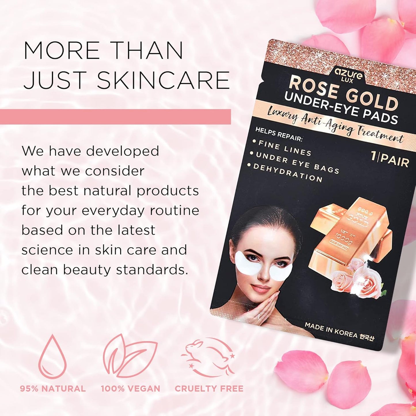 AZURE Rose Gold Luxury Anti Aging Under Eye Pads - Lifting, Smoothing & Hydrating Eye Mask Patches - Reduces Fine Lines, Wrinkles, Dark Circles & Puffiness - Skin Care Made in Korea - 5 Pairs