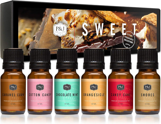 P&J Fragrance Oil Sweet Set | Chocolate Mint, Cotton Candy, Candy Cane, Caramel Corn, Orangesicle, and Smores Candle Scents for Candle Making, Freshie, Soap Making Supplies, Diffuser Oil Scents