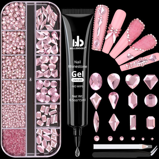 2060Pcs Pink Glass Nail Rhinestones 60Pcs Multi Shapes Flatback Nail Gems + 2000Pcs 1.5-4mm Round Crystal with Rhinestones Glue Gel, Manicure Nail Charms Diamond Gemstones for Nail Art