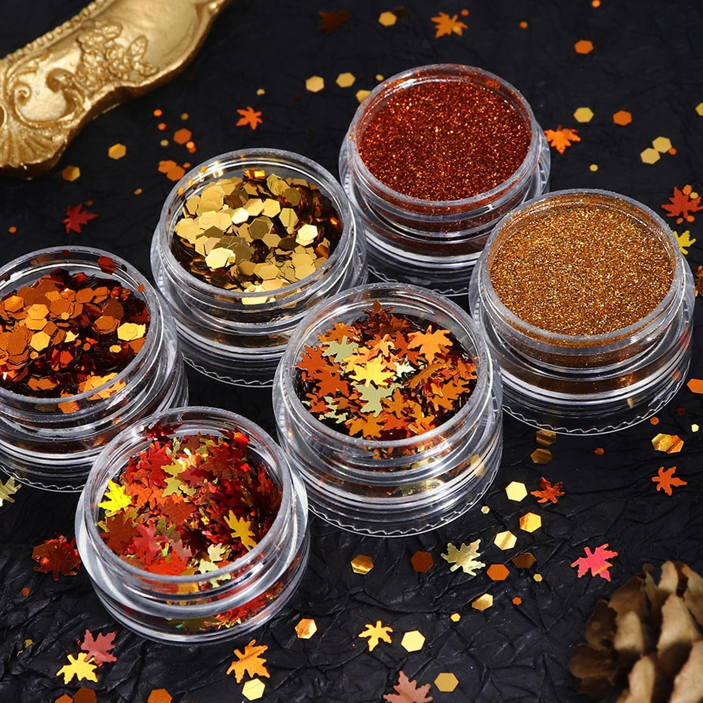 Fall Nail Art Glitter Maple Leaf Nail Sequins Flakes, 2 Colors Manicure fine Glitter Powder, 3D Holographic Orange Red Nail Stickers Decals Supplies Nail Charms for Women Girls 6 Box