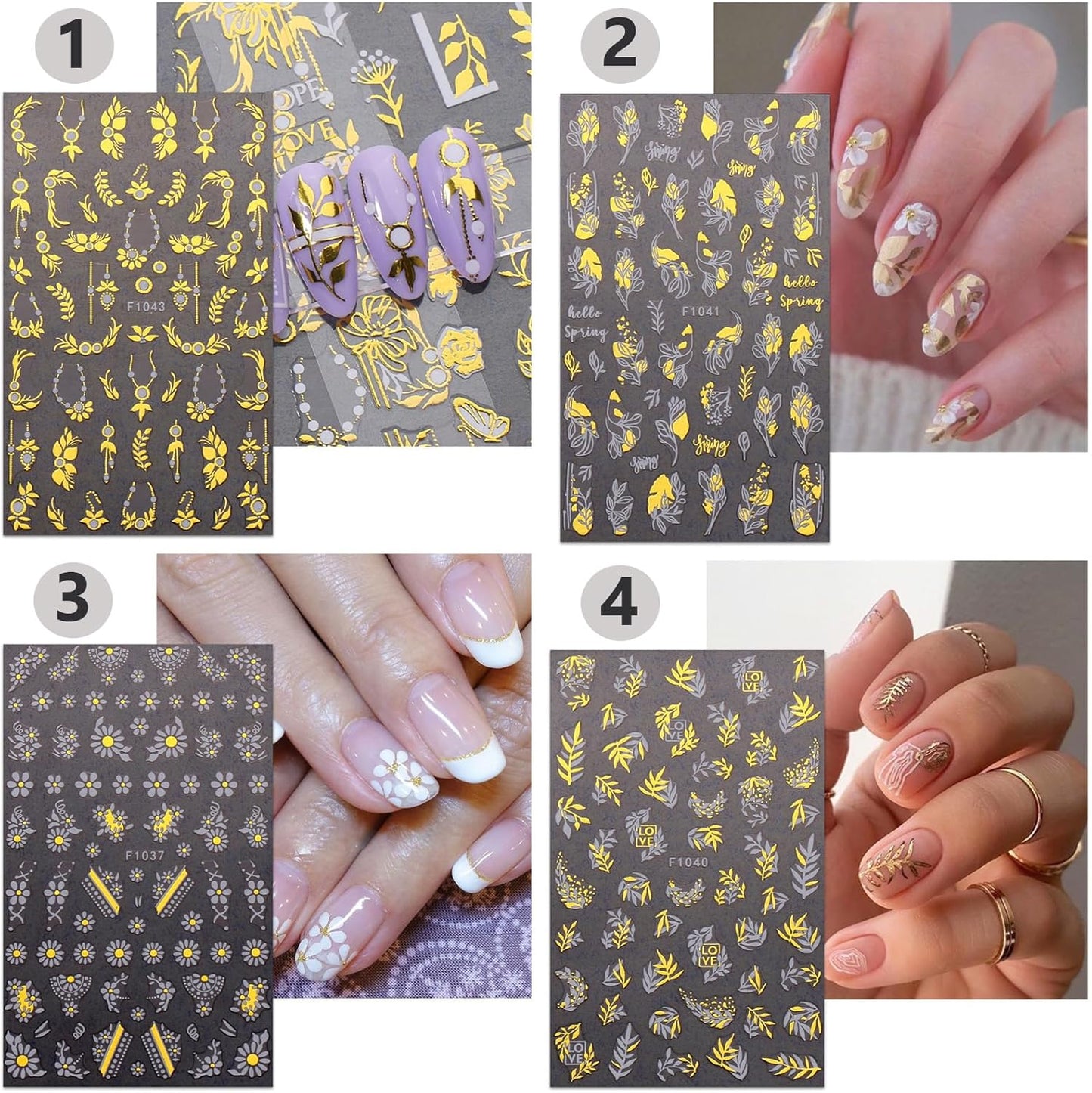 8 Sheets Gold Flower Nail Stickers - 3D Self-Adhesive Leaf Art Decals for Spring Designs - Manicure Decorations for Women, Style8