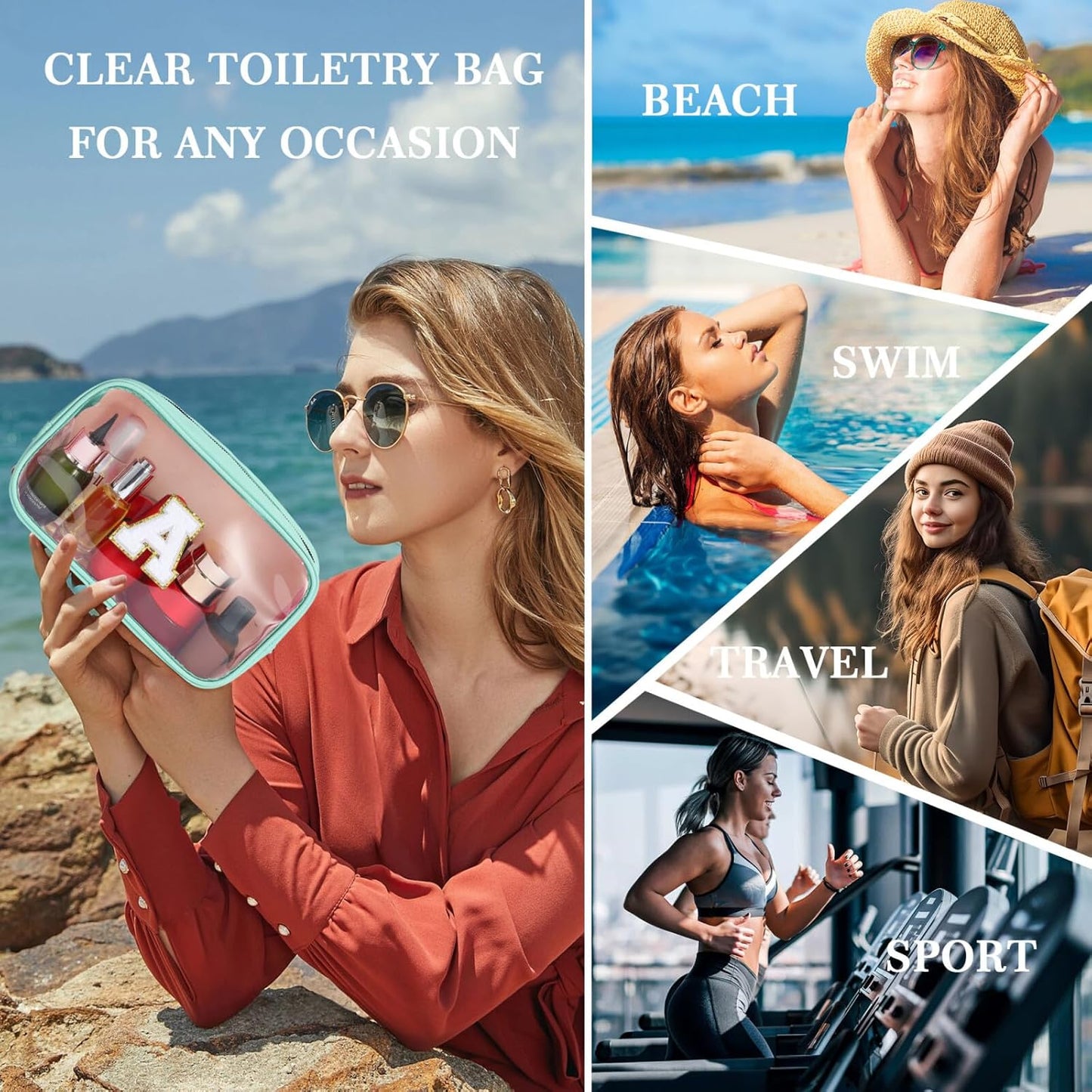 YOOLIFE Initial Clear Makeup Bag | Travel Clear Makeup Bag | Travel Beach Toiletry Bag | Car Organizer Essentials for Women | Waterproof Large Clear Travel Toiletry Bag | Teacher Birthday Gifts Blue K