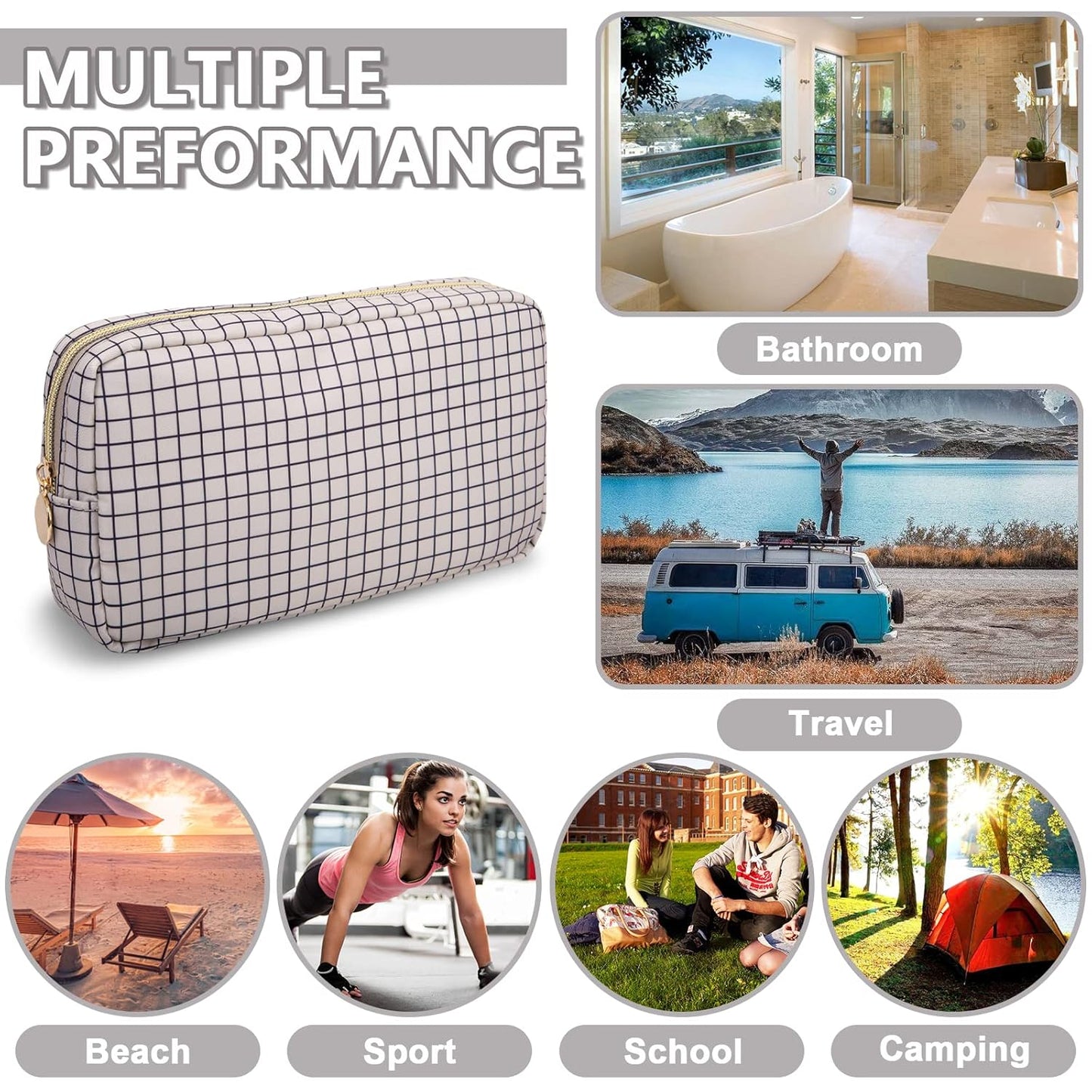 Small Makeup Bag Pouch for Purse，Nylon Travel Toiletry Storage Bag Preppy Checkered Cosmetic Bag for Women Girls，Waterproof Makeup Organizer Bag Pouch Skincare Bag with Zipper (Small-Checkered)