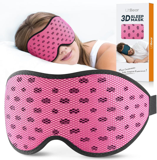 LitBear Breathable Sleep Mask, 3D Eye Mak Sleep for Side Sleepers Women Men, Light Blocking Sleeping Mask with Adjustable Strap, Soft Lightweight Eye Cover for Travel, Night Work, Nap, Office - Pink