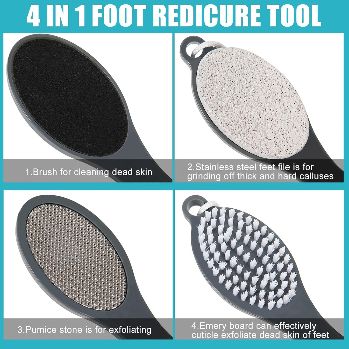 Foot File Callus Remover-2 Pcs 4 in 1 Foot Scrubber Dead Skin Remover for Feet,Pumice Stone, Foot Rasp and Sand Paper for Home Foot Care,Foot Brush for Shower (Grey Pedicure Foot File)