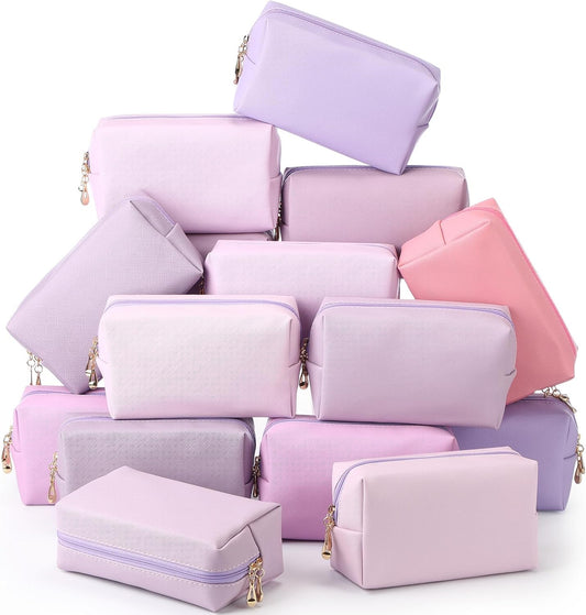 Kigeli 15 Pcs Aesthetic Makeup Bags PU Leather Cosmetic Pouches Waterproof Plain Toiletry Bags Makeup Pouches Bulk for Women Party Gift Travel Storage Organizer(Purple Series)