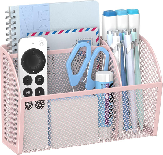 YINGHUA Strong Magnetic Pen Holder for Whiteboard and Refrigerator 3 Compartments Metal Mesh Organizer Space Saving Shelf for Office School Home and Locker - Pink
