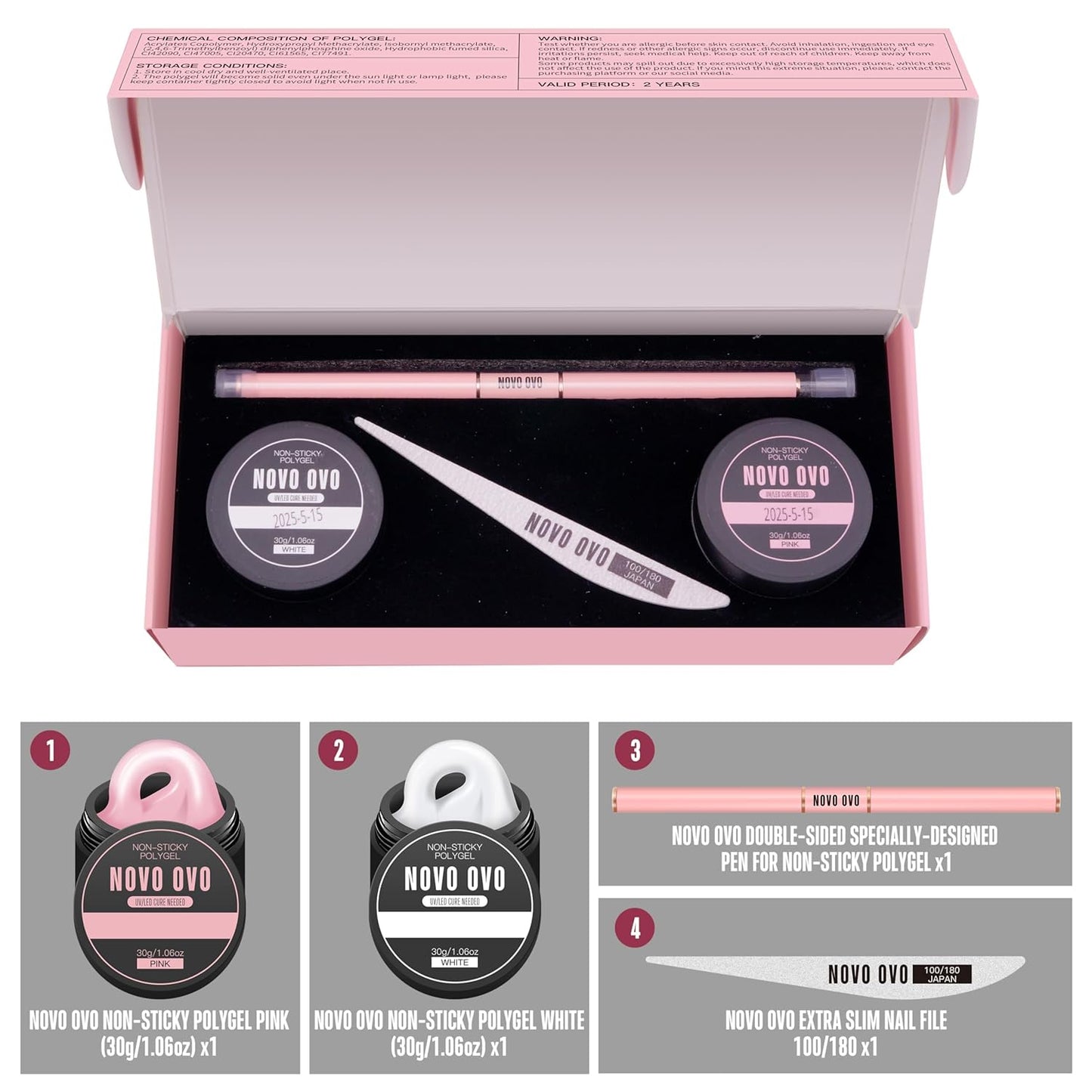 Upgraded NON-STICKY Polygel Solution Procedure Set, White and Pink non-sticky Poly Gel, Dual-Ended Nail Pen, Extra Slim Nail File, Easy to Use Together with Toe or Hand Nail Dual Forms