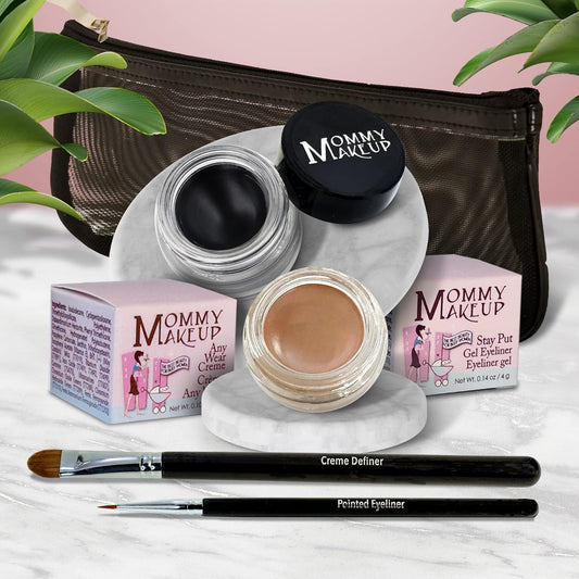 The Everlasting Eye 5 Piece Waterproof Makeup Set. Gel Eyeliner, Creme Eyeshadow, 2 brushes and Mesh Bag. Paraben-free, Talc-free, Cruelty-free. Misty Mocha/Black Beauty 1801