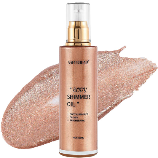 Shimmer Body Oil, Long Lasting Moisturizing Body Glow Glitter for Women Face Luminizer Highlighter Makeup 100ml Shimmer Oil for Glowing Skin Lotion (Medium Rose Gold)