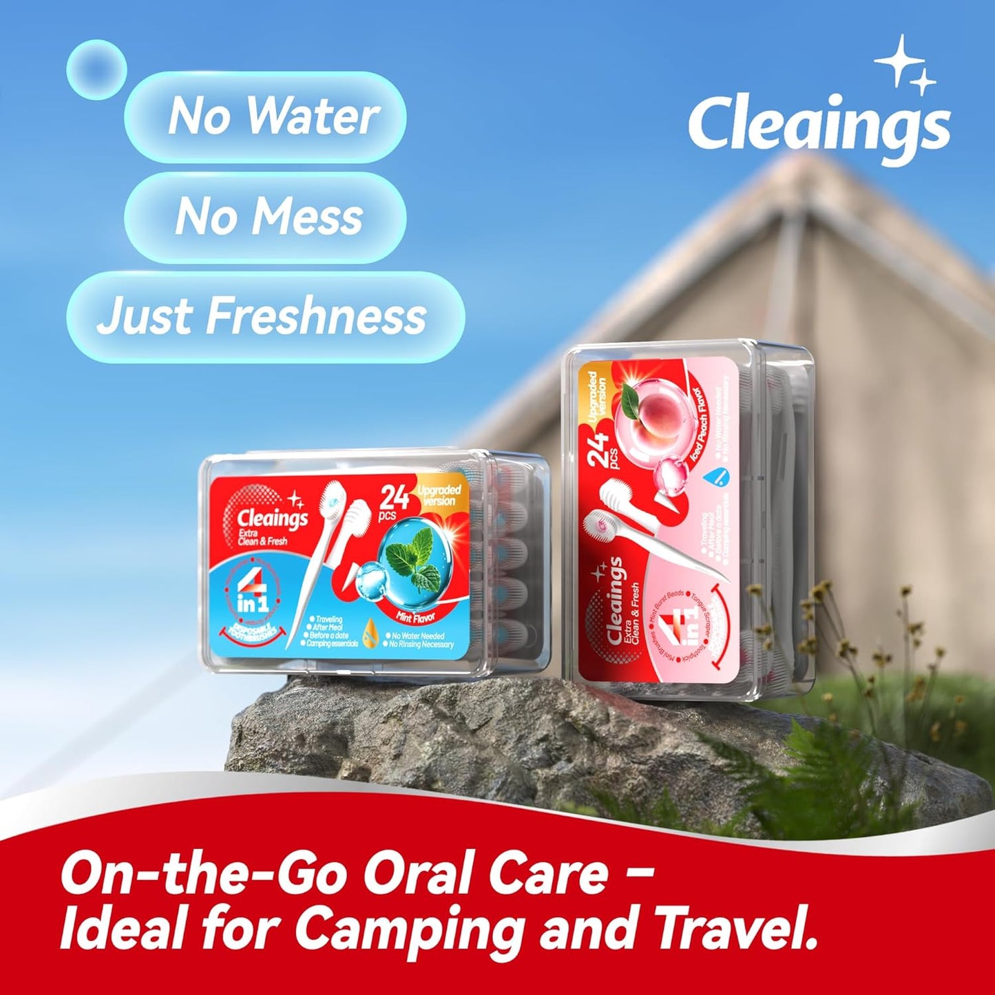 cleaings® Mini Disposable Toothbrush Set with Toothpaste – Travel Essentials, Portable Toothbrush for Women & Men, Camping, Road Trip, Vacation, 24 Count-Ice Peach Flavor（Pack of 5）