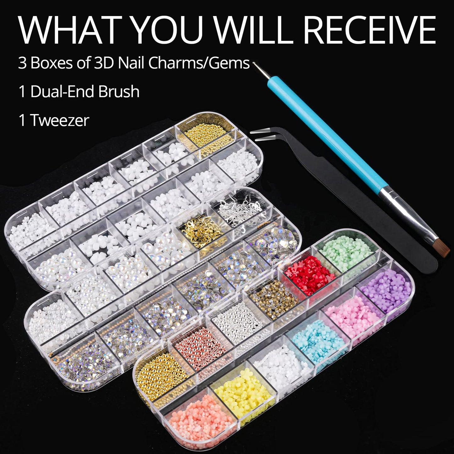 Mixed 3D Nail Art Gem Decoration Accessories Kit #3, Butterfly Starry AB Rhinestone Charm Jewelry for Deco, Pearl Flower Caviar Bead Stone Crystal with Dual-End Brush and Tweezer