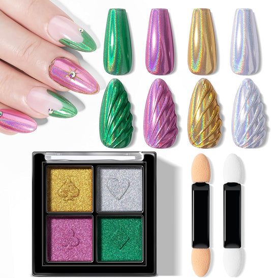 NXJ INFILILA Holographic Chrome Nail Powder, 4 Colors Gold, Silver, Pink, Green Rainbow Unicorn Iridescent Glitter Pigment Dust for Nail Art Design Professional Salon & Home Use