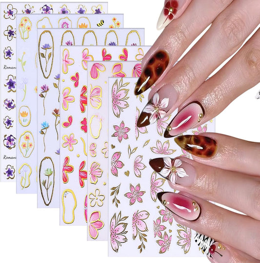 6 Sheets Flower Nail Art Stickers 3D Self-Adhesive Hot Stamping Blossom Nails Sticker Spring Nail Art Decals Holographic Floral Nails Decal Decoration for Women Flowers Manicure DIY Nail Supplies