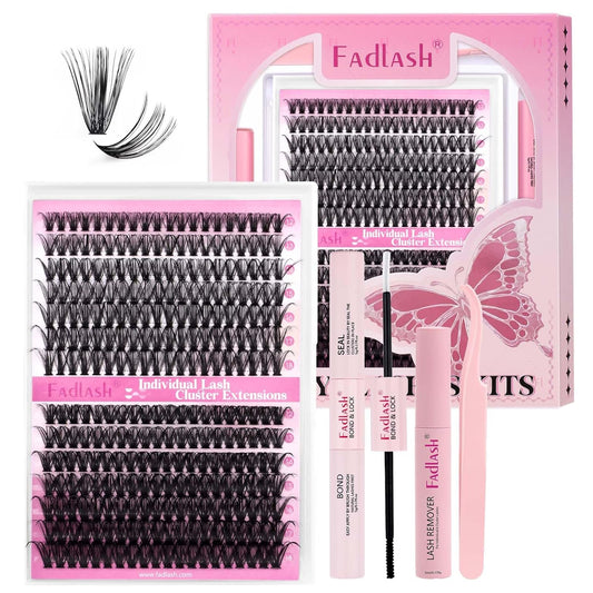 FADLASH Lash Extension DIY Kit Lash Clusters D Curl Cluster Lashes with Lash Bond and Seal Cluster Lashes Glue Remover Lash Tweezers for DIY Eyelash Extension at Home（Kit 40D+50D-0.07D-12-18MIX）