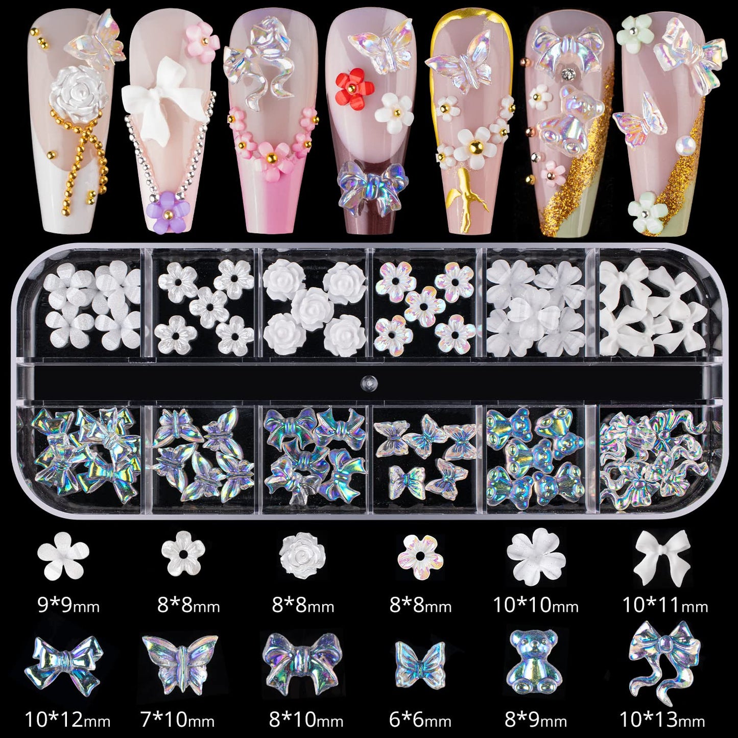 Mixed 3D Nail Art Gem Decoration Accessories Kit #4, Aurora Bear Bow Butterfly Starry AB Rhinestone Charm Jewelry for Deco, Pearl Flower Caviar Bead Stone Crystal with Dual-End Brush and Tweezer